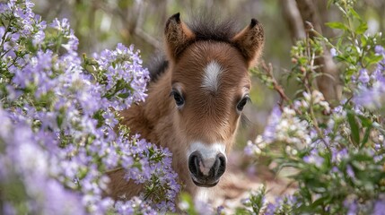 Cute Baby Horse Lying in Colorful Flower Garden – Adorable Foal Photography