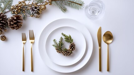 Elegant Christmas Table Setting with Golden Pinecones