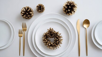 Elegant Christmas Table Setting with Golden Pinecones