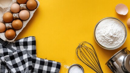 Baking ingredients arranged on a bright yellow background
