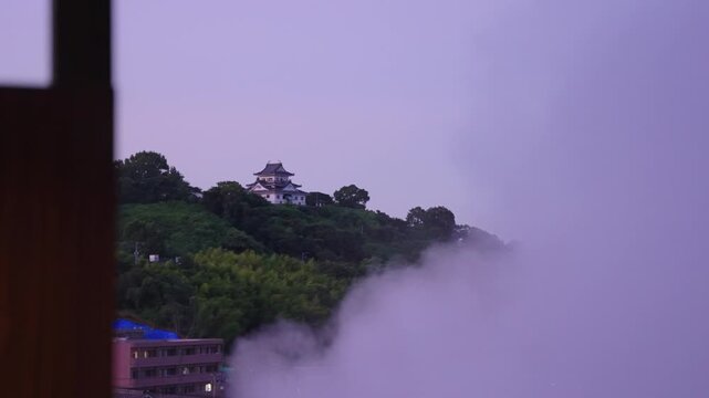 Kifune Castle, Beppu, Geothermal Steam from Ryokan Hot Spring Reveal Shot, Japan