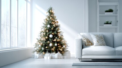 Modern Living Room with Decorated Christmas Tree and Festive Holiday Interior