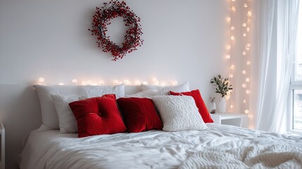 Festive Christmas Bedroom with Red Pillows and Wreath