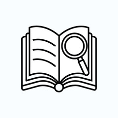Open book with magnifying glass icon isolated on white background