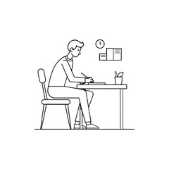 Man studying at a desk with a clock on the wall isolated on white background