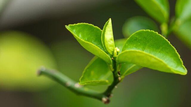 Close-up of Fresh Lemon Leaves Sprouting from Branch