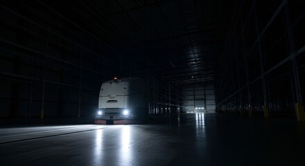 Autonomous robot navigates dark modern warehouse aisles, showcasing future logistics and efficiency.