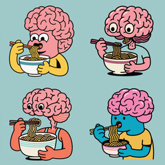 Set of surreal brain head characters eating ramen noodles cartoon vector illustration