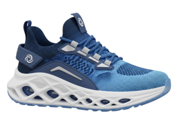 Blue athletic running shoe showcasing innovative design and modern aesthetic elements