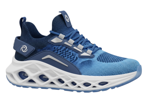 Blue athletic running shoe showcasing innovative design and modern aesthetic elements