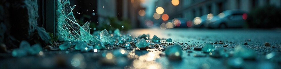 Close-up shot of a shattered window, broken glass scattered on the ground, symbolizing the aftermath of a violent crime scene , assault, damage