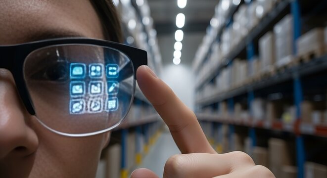 Modern warehouse worker uses augmented reality glasses for inventory management and logistics efficiency