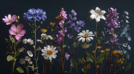 Elegant floral arrangement of wildflowers, creating a visually striking symphony with a dark and moody background.