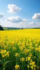 Vibrant Yellow Rapeseed Fields Swaying Gently in the Warm Summer Sun, a Breathtaking Landscape of Natures Beauty