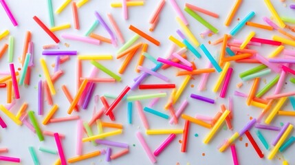 Colorful plastic straws scattered on a white background