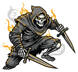 Aggressive skeletal grim reaper figure in a dark hooded cloak, wielding two daggers with flames and smoke effects.