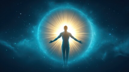 A person meditating with a glowing aura or surrounded by sunburst rays, symbolizing the power of overcoming oneself. Inner and self-mastery.