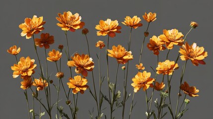 Golden Cosmos Field: A Serene Meadow of Blooming Orange Flowers against Neutral Backdrop