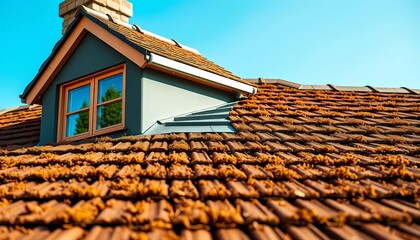 Close-up of a brown sedum roof with a dormer window,  gravel,  sedum roof