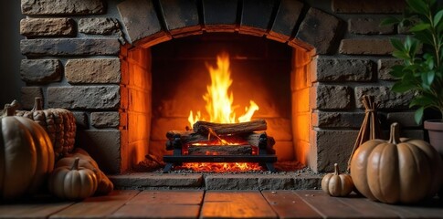 Cozy fireplace scene with glowing embers, rustic stone surround, and warm, inviting light Perfect for autumn or winter themes, home decor, and relaxation imagery , fireplace, comfort, serene