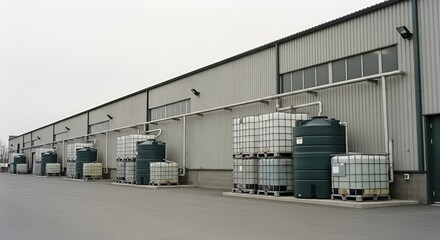 Industrial facility exterior with multiple storage tanks and IBC containers lined up neatly