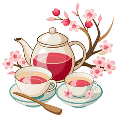 Blossom Tea Time: A serene illustration of a teapot, cups, and cherry blossoms, capturing the essence of a peaceful tea break. 