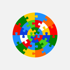 Concentric jigsaw puzzle circle. Colorful vector isolated on white background.	