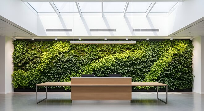 Modern reception area features a stunning living green wall bringing nature indoors for a vibrant, welcoming atmosphere - Powered by Adobe