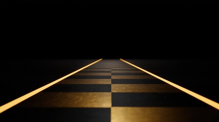 An infinite black and gold checkered path illuminated by a golden dim light on both sides. Chessboard pattern