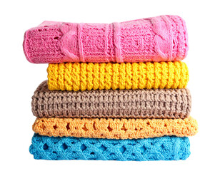  Stack of Colorful Crochet Blankets, Layered Textures, Isolated Transparent Background PNG