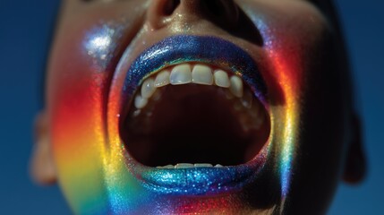 Closeup of a mouth with rainbow glitter. Open mouth showing teeth. Jaw. Happy person. Joy