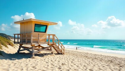 Elevated lifeguard station overlooking a sunny beach and ocean, providing a panoramic view  Perfect for summer safety, coastal security, and beach surveillance imagery  , landscape, platform, sun