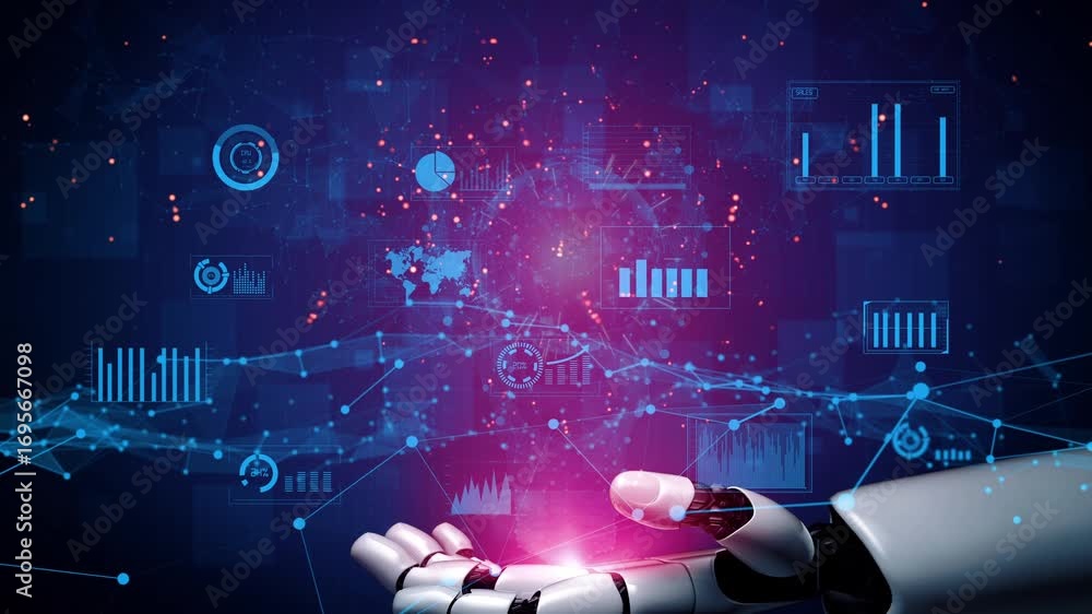 Poster a robotic hand reaches out, surrounded by various data visualizations and charts, symbolizing the in