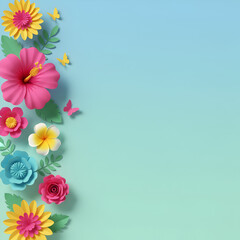 Obraz premium Vibrant paper flowers and butterflies arranged on a gradient blue and green background, artistic design.