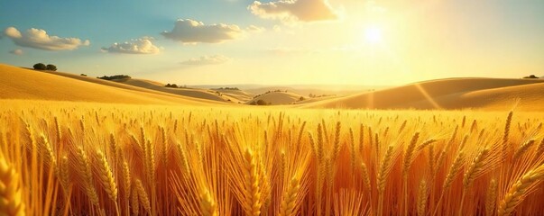 Golden wheat field shimmering under a summer sun, ripe for harvest Rolling hills create a picturesque landscape, perfect for idyllic backgrounds or agricultural themes , farm, farming, vista