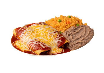 Golden-brown enchiladas with glossy red chili sauce, melted cheese, Mexican rice, refried beans on a white oval plate, isolated on transparent background. Authentic Mexican cuisine concept