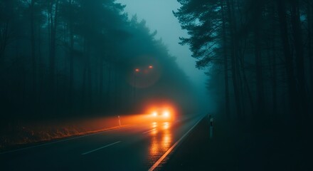 Eerie Teal Twilight: A Lone Car's Orange Glow on a Misty Forest Road