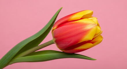 Fototapeta premium Fresh yellow-red tulip flower on plain pink background