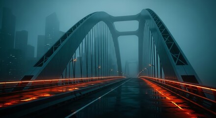 Fototapeta premium Empty Arch Bridge with Glowing Orange Rails Leading into a Foggy, Teal-Hued Cityscape