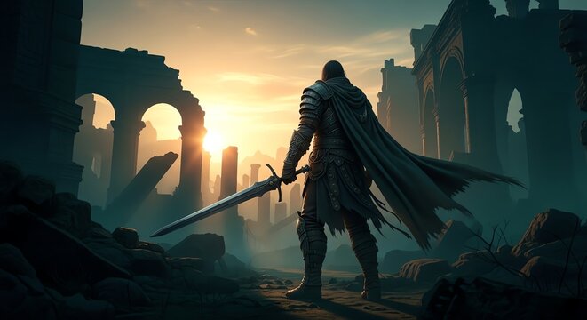 Knight's Vigil: Ruined Cityscape at Sunset, Sword in Hand, Cloaked Figure