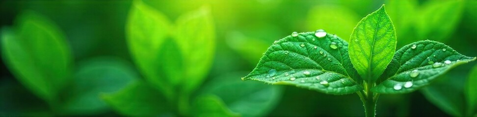 Close-up of vibrant, dewy green leaves, glistening with condensation after a refreshing rain shower; conveying a sense of revitalization and natural energy , dew, natural