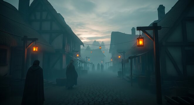 Eerie Medieval Village Street at Dusk with Cloaked Figures and Lanterns