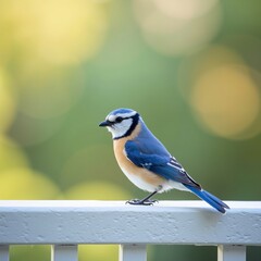 Obraz premium Blue tit songbird perched on white railing with vibrant green and yellow bokeh background in morning sunlight