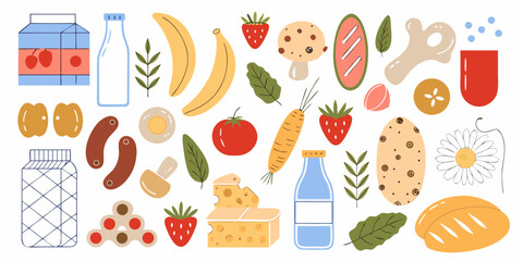 Collection of colorful hand drawn food items and ingredients for healthy eating and cooking