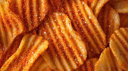 Close-up of spicy ridged potato chips covered with chili seasoning, crispy texture and golden color, snack food background