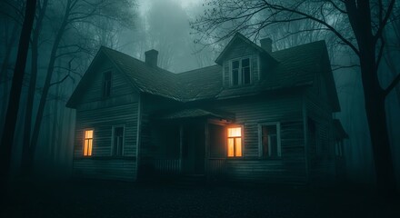 Haunted Wooden House in Foggy Forest at Night