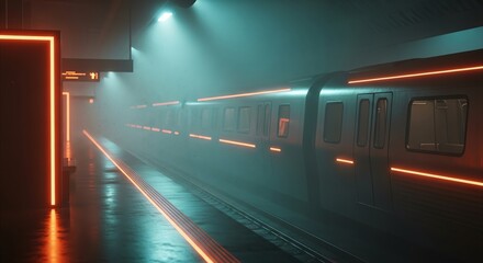Futuristic Subway Station: Neon Lights, Train, Atmospheric, Moody, Sci-Fi Scene.