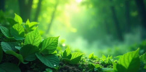 Ethereal mist clinging to vibrant green leaves, sunlight filtering through, creating a magical, serene atmosphere Perfect for nature, fantasy, and mystical themes , nature, leaves, humid
