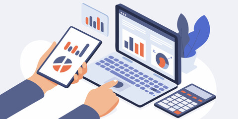 Hands analyzing financial charts and graphs on a laptop and smartphone with a calculator nearby