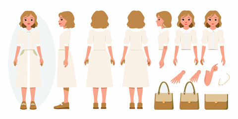 Female character design sheet with multiple views and accessories for animation or illustration